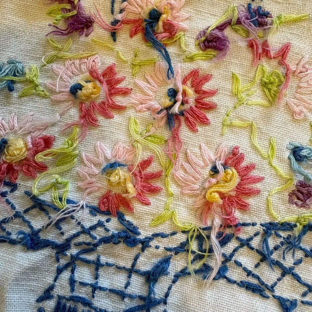 Embroidered Dresser Scarf Table Runner Vtg Basket Flowers Ribbon 30x13 White